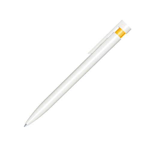 Penna a sfera in plastica gialla con finitura lucida e clip.