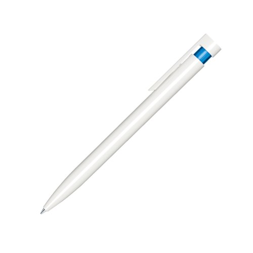 Penna a sfera blu in plastica con finitura lucida e clip.