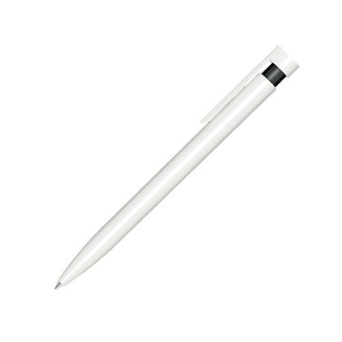Penna a sfera nera in plastica con finitura lucida e clip.
