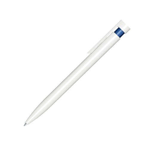Penna a sfera in plastica blu scuro con clip e meccanismo a scatto.