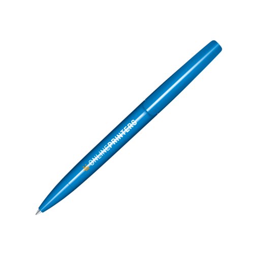 Penna a sfera a scatto in plastica blu con finitura lucida.