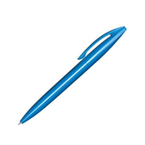 Penna a sfera blu in plastica con finitura lucida e clip.