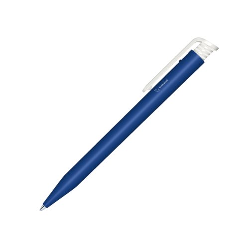 Penna a sfera bio blu scuro con clip e meccanismo a scatto.