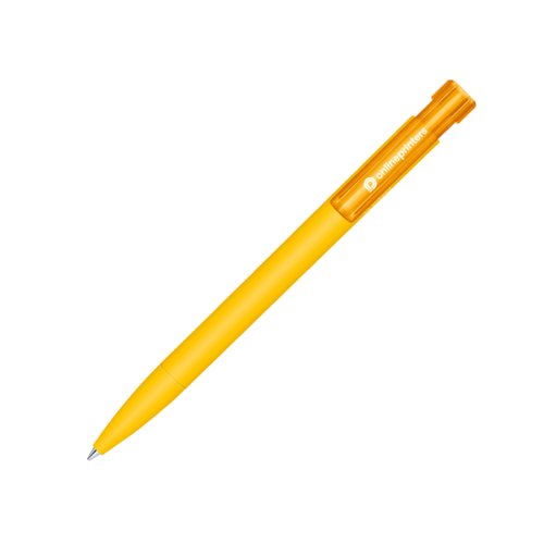 Penne a sfera giallo in bioplastica con clip e meccanismo a scatto.