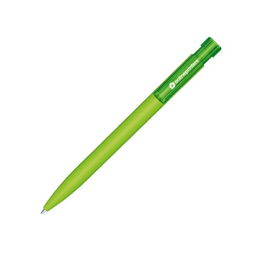 Penne a sfera ecologica verde con meccanismo a pulsante e clip.