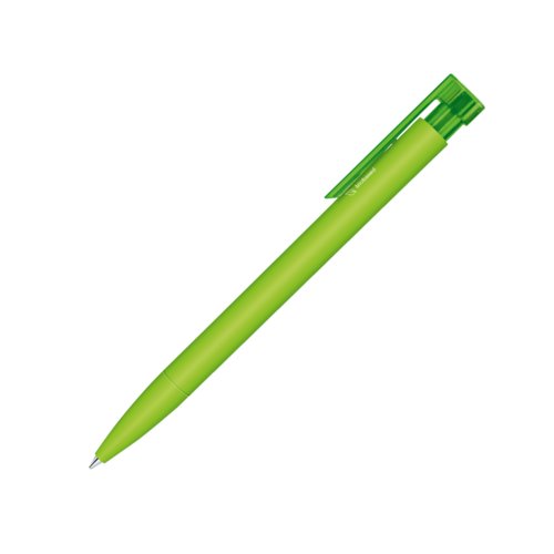 Penne a sfera verde in bioplastica con clip e pulsante.