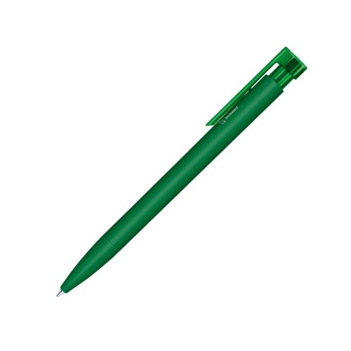 Penna a sfera bio verde scuro con clip e meccanismo a pressione.