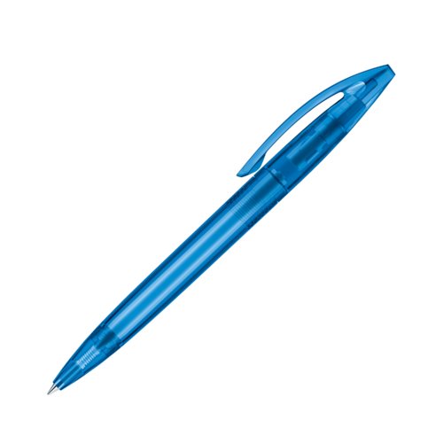 Penna a sfera a rotazione in plastica blu con clip.