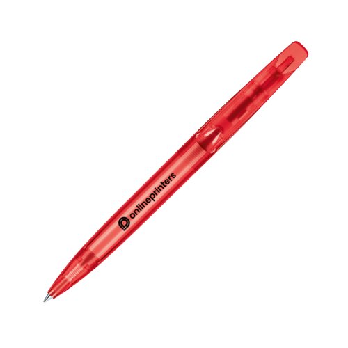Penne a sfera a rotazione in plastica rossa con fusto trasparente.
