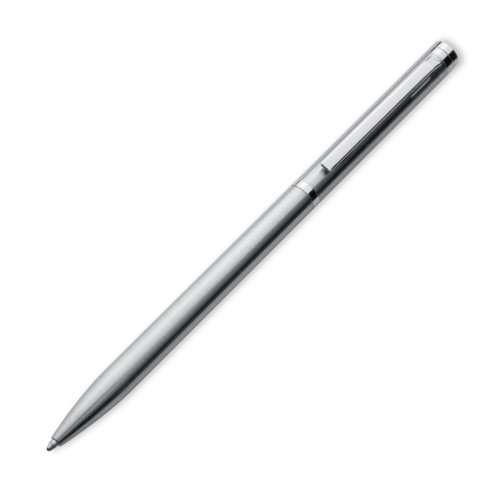 Penna a sfera in metallo grigio con motivo e clip.