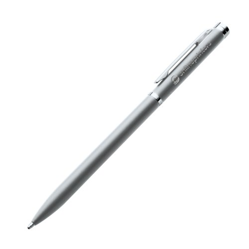 Penna a sfera in metallo grigio con clip e motivo.