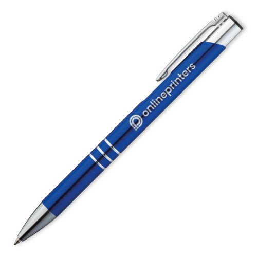 Penna a sfera in metallo blu con clip.
