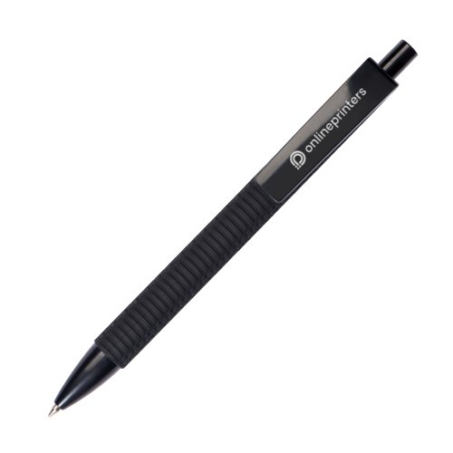 Penna a sfera nera con clip e impugnatura zigrinata.