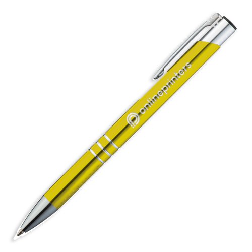 Penna a sfera in metallo giallo con clip e pulsante.