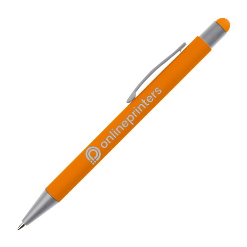 Penne a sfera in plastica arancione con touchpen e clip.