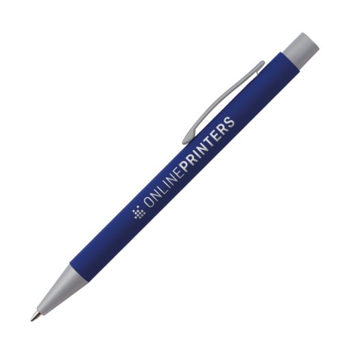 Penna a sfera blu con clip e meccanismo a pressione.