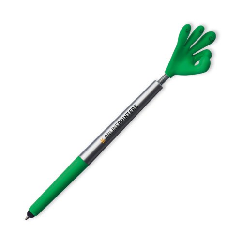 Penna a sfera in plastica verde con motivo a mano e meccanismo a scatto.