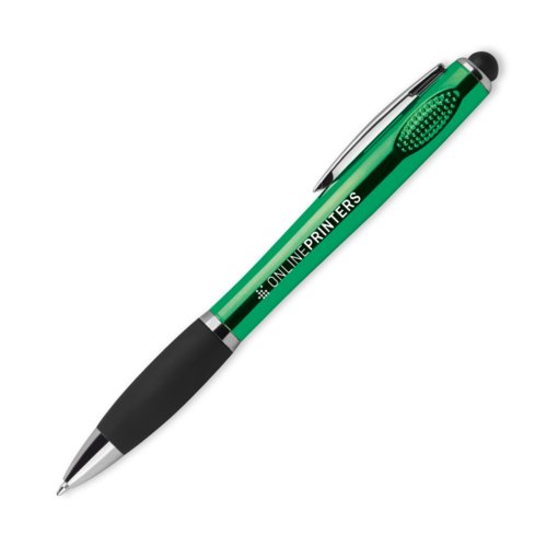 Penna a sfera LED verde con clip e puntale touch.