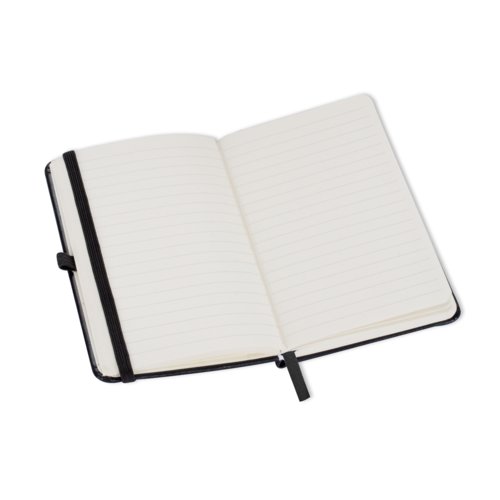 Quaderno nero con chiusura elastica e segnalibro.