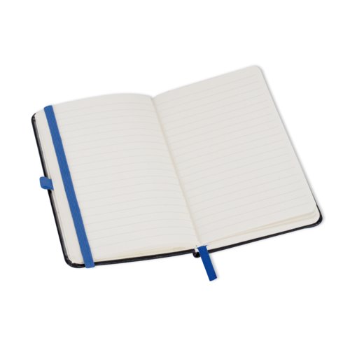 Quaderno blu con elastico e pagine a righe.