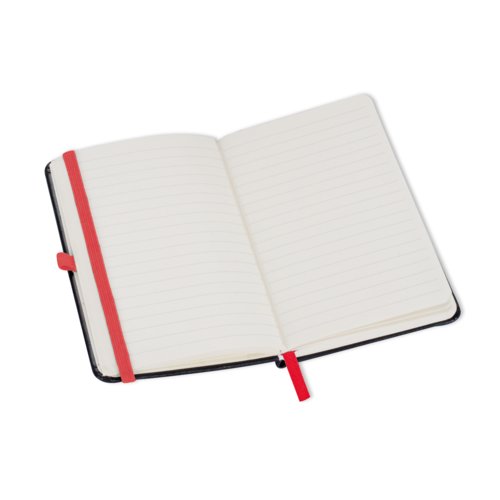 Taccuino rosso con chiusura elastica e segnalibro.