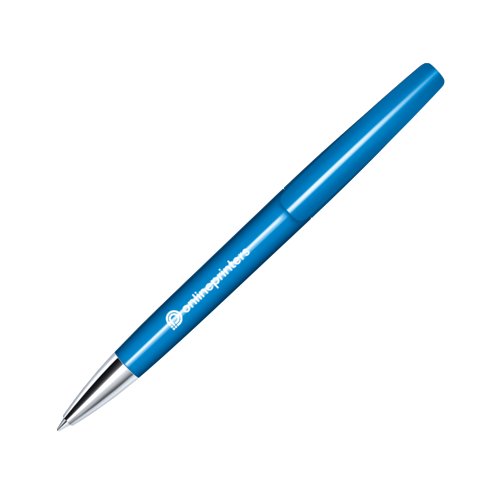 Penna a sfera blu con punta in metallo e meccanismo a rotazione.