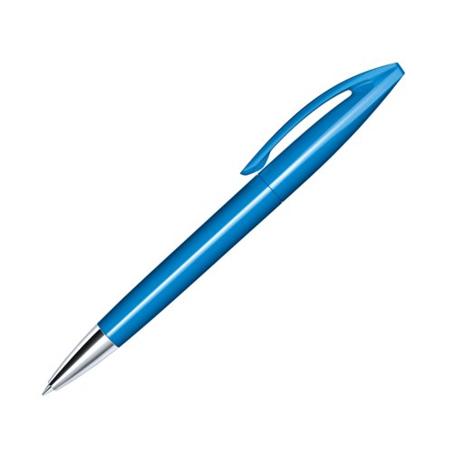 Penna a sfera blu in plastica con punta in metallo e clip.