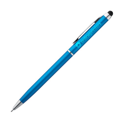 Penna a sfera in metallo azzurro con funzione touch e clip.