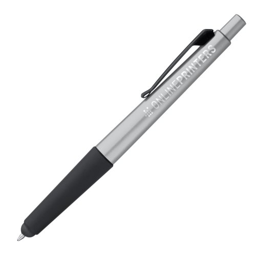 Penna a sfera in metallo grigio con funzione touch e clip.