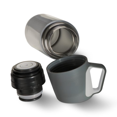 Bottiglia termica in metallo grigio con tazza rimovibile.