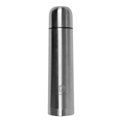 Borraccia termica argentata in acciaio inox con tappo a vite.