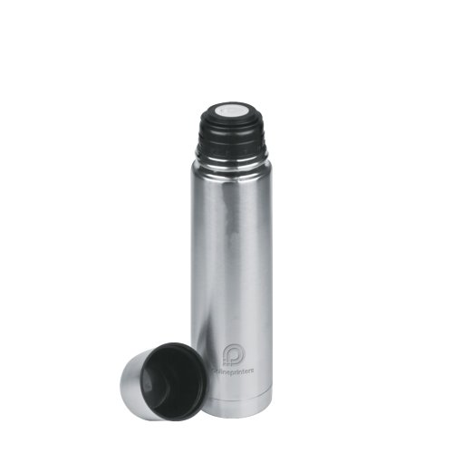 Thermos in acciaio inossidabile grigio con tappo a vite.