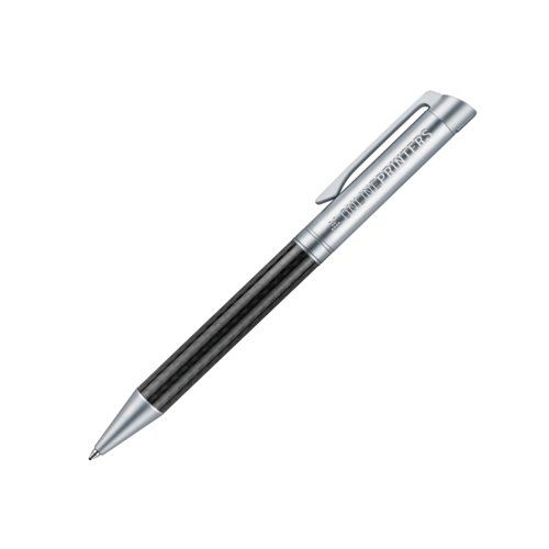 Penna a sfera in metallo con elementi in carbonio e clip.
