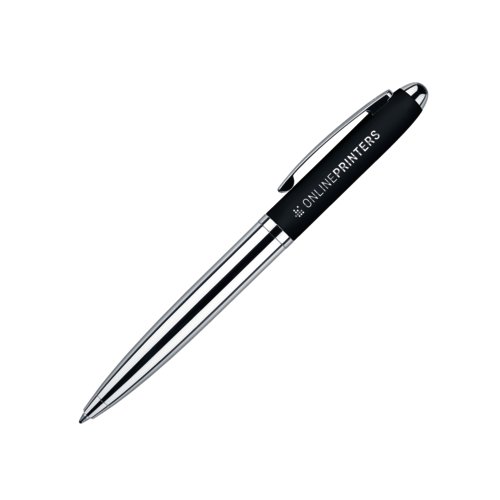 Penne a sfera a rotazione nera con elementi in metallo e finitura soft-touch.