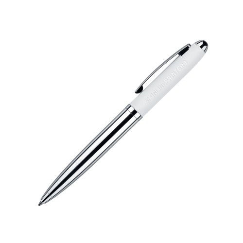 Penna a sfera a rotazione bianca con superficie soft-touch e clip.