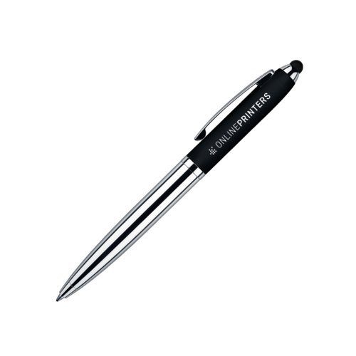 Penna a sfera in metallo nero con touchpad e meccanismo a rotazione.