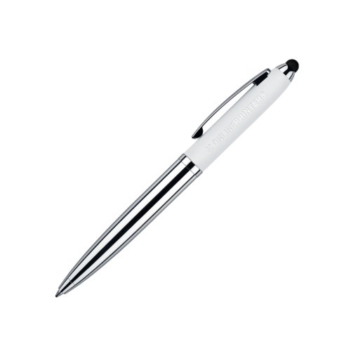 Penna a sfera in metallo bianca con touchpad e meccanismo a rotazione.