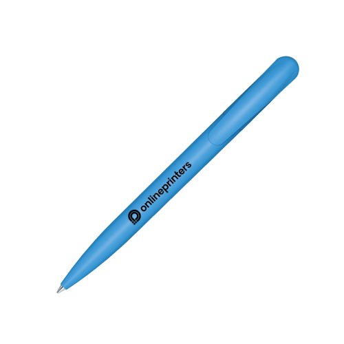 Penna a sfera in plastica blu con clip e meccanismo a pressione.