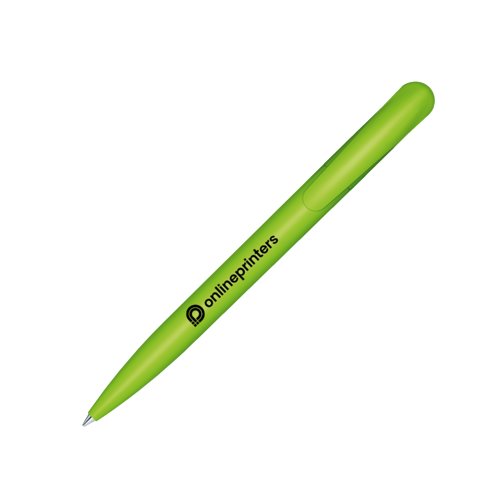 Penna a sfera in plastica verde con clip e meccanismo a pressione.
