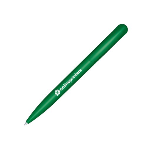 Penna a sfera verde in bioplastica con clip e meccanismo a pressione.