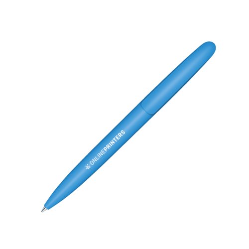 Penna a sfera in plastica blu con meccanismo a rotazione.