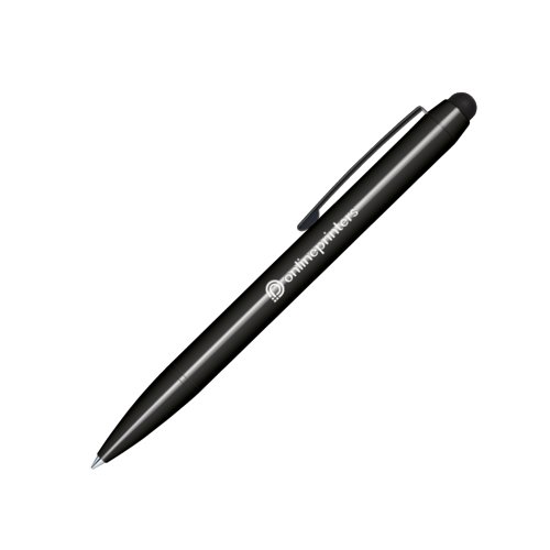 Penna a sfera a rotazione nera in plastica con touchpad e clip.