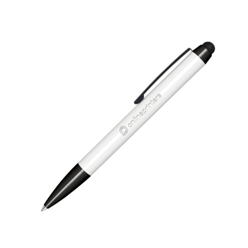 Penna a sfera bianca con meccanismo a rotazione, stilo touch pad e clip.