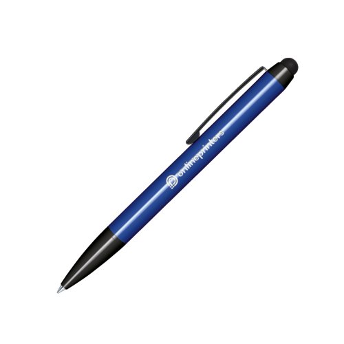 Penna a sfera a rotazione in plastica blu scuro con stilo touch e clip.