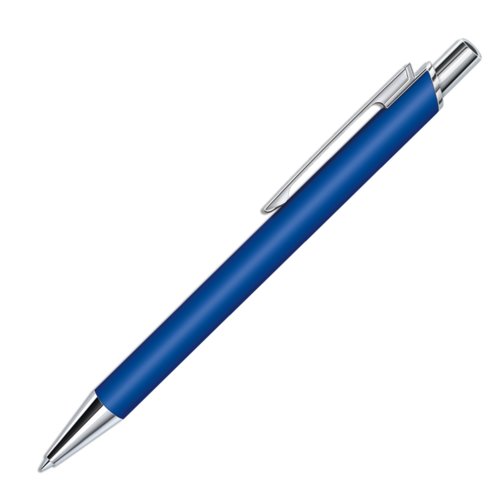 Penna a sfera in plastica blu scuro con superficie soft-touch e clip.
