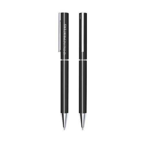 Penna a sfera a scatto nera in plastica con elementi in metallo e clip.