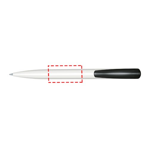 Penna a sfera in plastica bianca con meccanismo a scatto e finitura lucida.