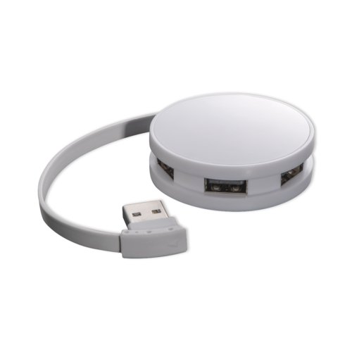 Hub USB in plastica bianca con 4 porte.
