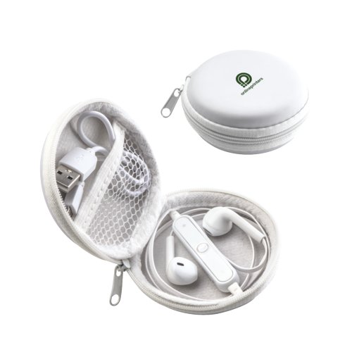 Cuffie Bluetooth bianche con custodia e cavo.