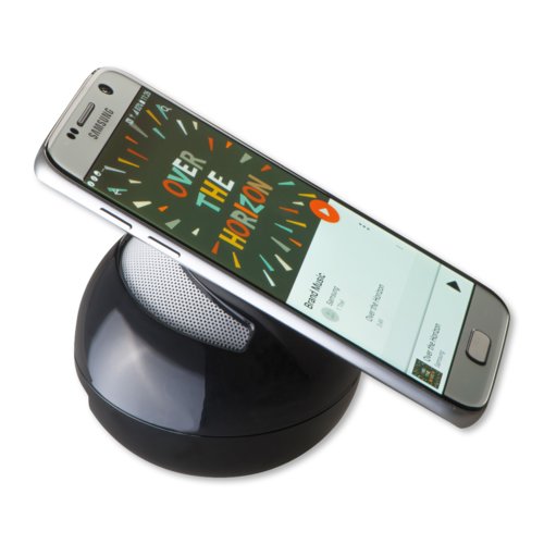 Altoparlante Bluetooth nero di forma rotonda.